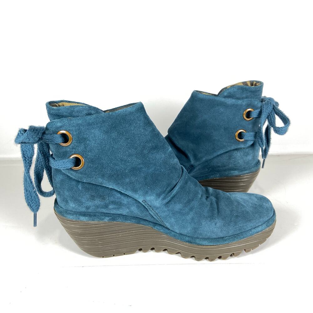 Fly London Yama Boots Size 38 /US 7.5 Blue Suede Platform Lug Wedge Booties - Picture 4 of 8